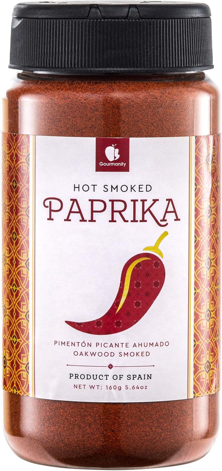 Gourmanity Hot Smoked Paprika Powder, Premium Spanish Paprika Seasoning, Oak Wood Smoked for Adding Depth, Flavor and Color to Your Dishes, Kosher, Gluten Free, Hot Pimenton 5.64 oz
