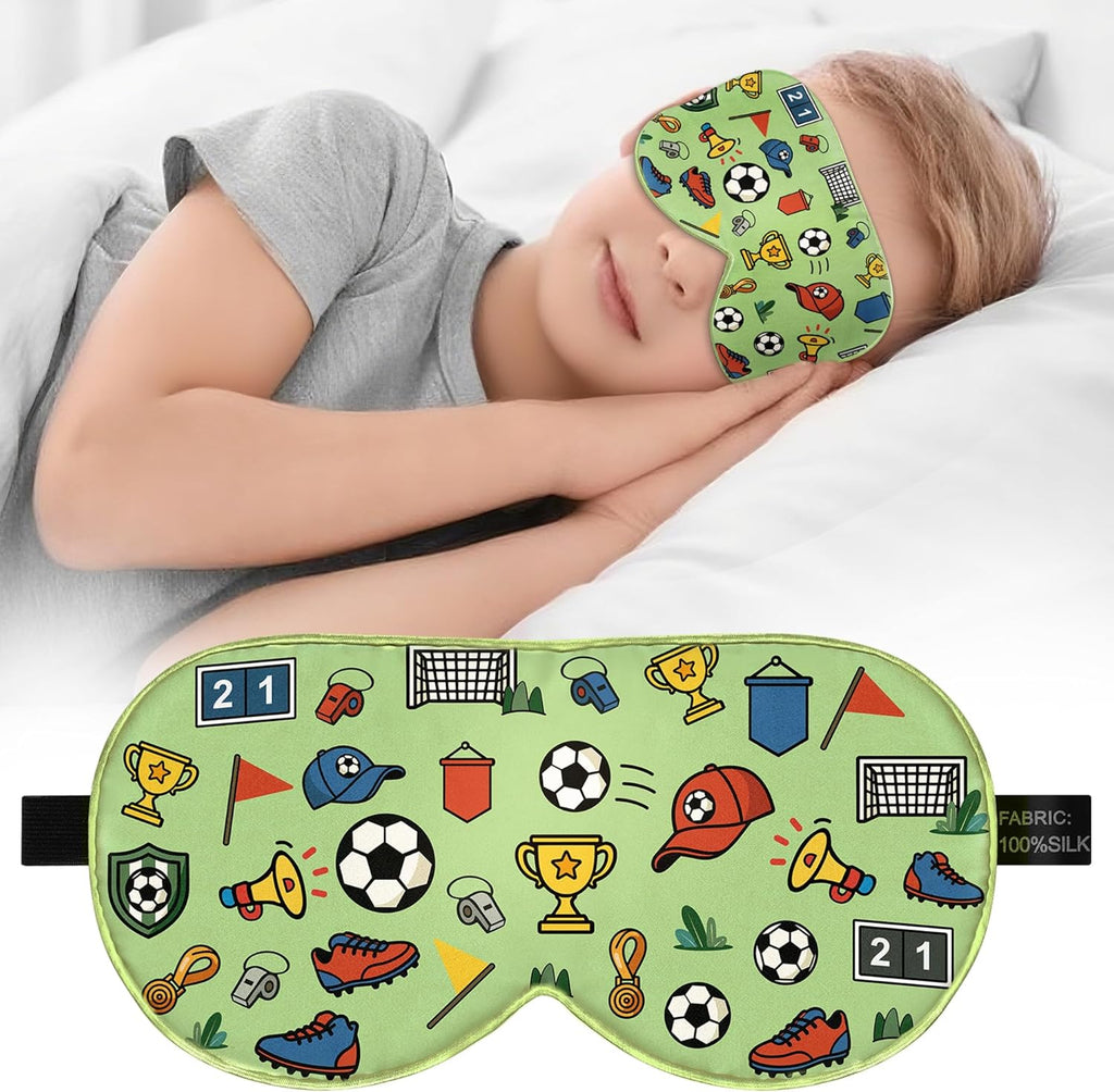 Kids Silk Sleep Mask – 100% Mulberry Silk Eye Cover, Kid Eye Mask with Adjustable Strap, Soft & Breathable Blackout Sleeping Mask for Boys and Girls Ages 5-15 (Soccer Ball Print)