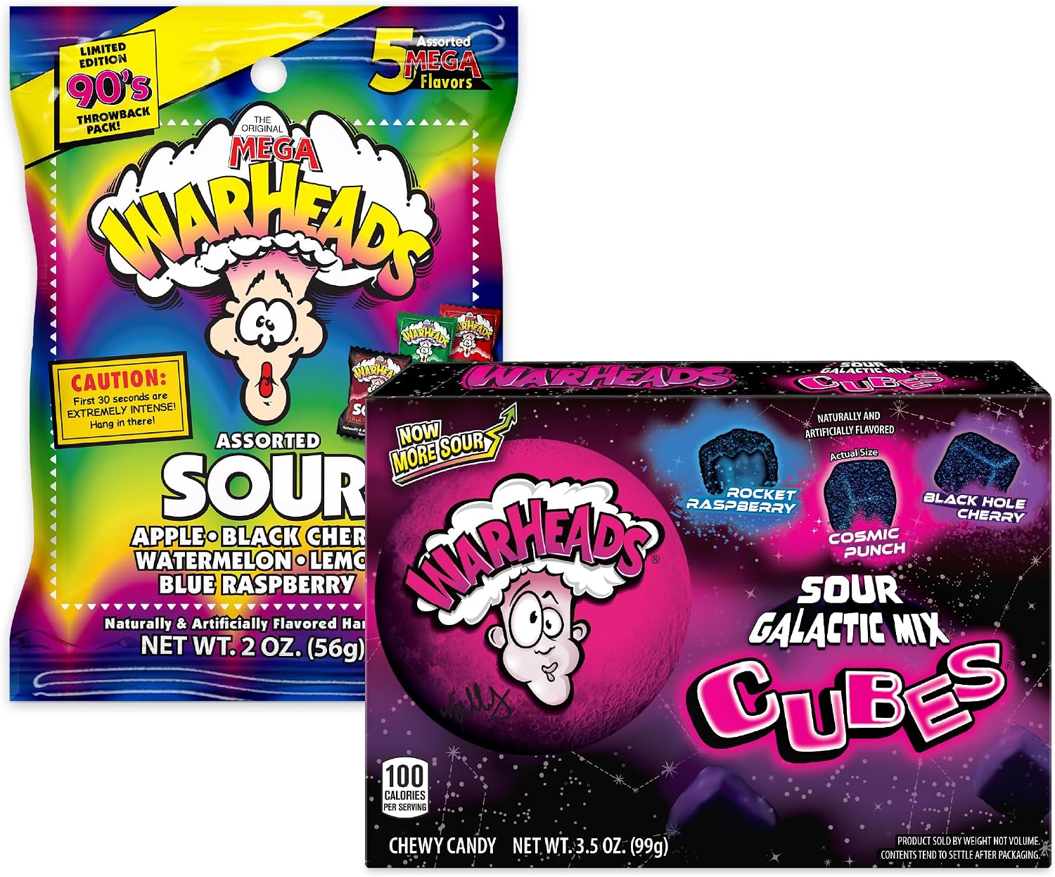 Warheads Extreme Sour Hard Candy, Assorted Flavors 2 OZ Bag | Warheads Galactic Mix Cubes Chewy Candy, 3.5 Ounce Bag
