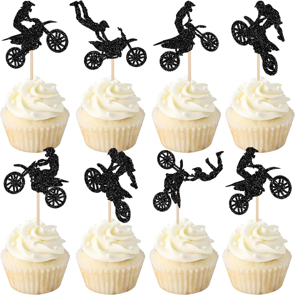 24 PCS Motorcycle Cupcake Toppers Black Glitter Motocross Dirt Bike Party Cupcake Picks for Sports Motocross Theme Man Boy Birthday Party Cake Decorations Supplies