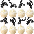 24 PCS Motorcycle Cupcake Toppers Black Glitter Motocross Dirt Bike Party Cupcake Picks for Sports Motocross Theme Man Boy Birthday Party Cake Decorations Supplies