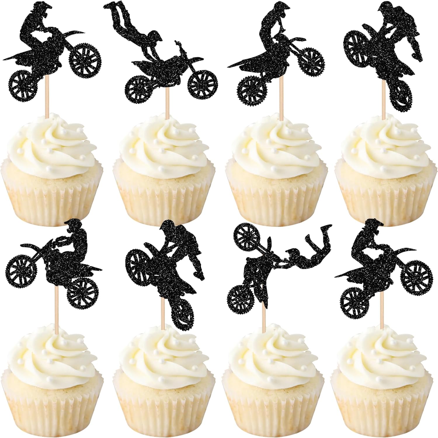 24 PCS Motorcycle Cupcake Toppers Black Glitter Motocross Dirt Bike Party Cupcake Picks for Sports Motocross Theme Man Boy Birthday Party Cake Decorations Supplies