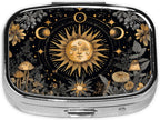 Pill Box-2 Compartment Small Flower Pill Case Square Organizer Case with Mirror Portable Metal Medicine Box Travel Container for Pocket & Purse Women Men(Sun and Moon)