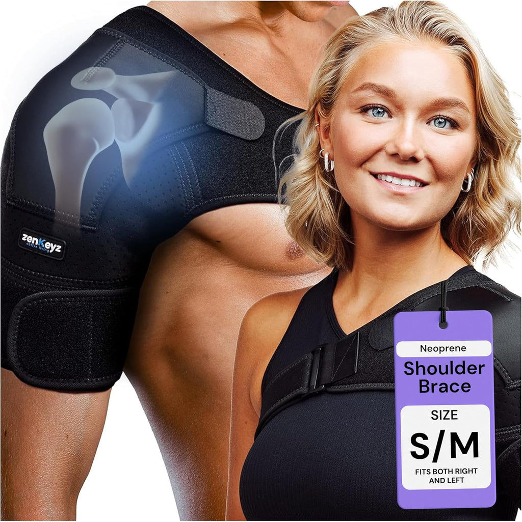ZENKEYZ Shoulder Brace for Men & Women - Size S/M (Chest 28-38") - Black Neoprene Compression Sleeve - Adjustable Strap for Rotator Cuff & Joint Stability - Integrated Ice/Heat Pocket - Ambidextrous Support