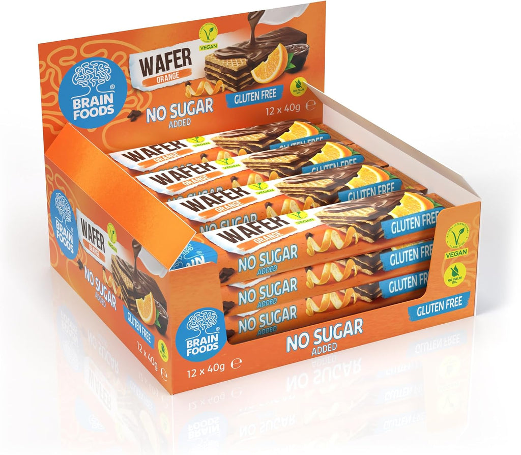 BRAIN FOODS Gluten Free Vegan Chocolate Coated Orange Wafers - 12 Bars, No Sugar Added, High Fiber, No Palm Oil, 1.4 oz, 170 Calories, Guilt Free Snack, Natural Orange Flavor