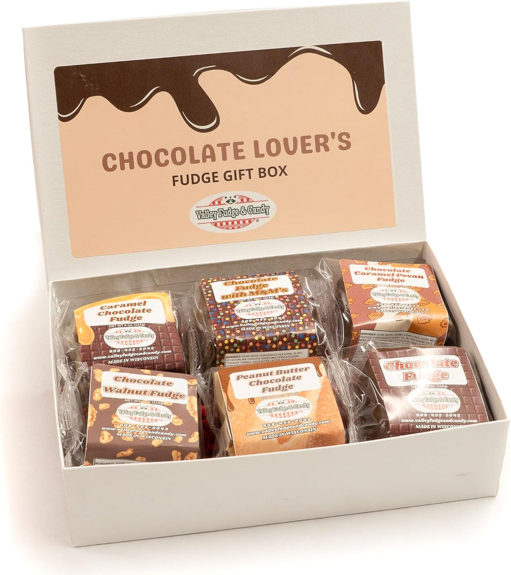 Valley Fudge, Chocolate Lover’s Gift Box, Fresh Artisan Fudge, Real Butter, Bulk Gourmet Candy, Individually Wrapped, Birthday, Thank You, Housewarming Gift, 4 oz, 6 Pieces, One and a Half Pounds