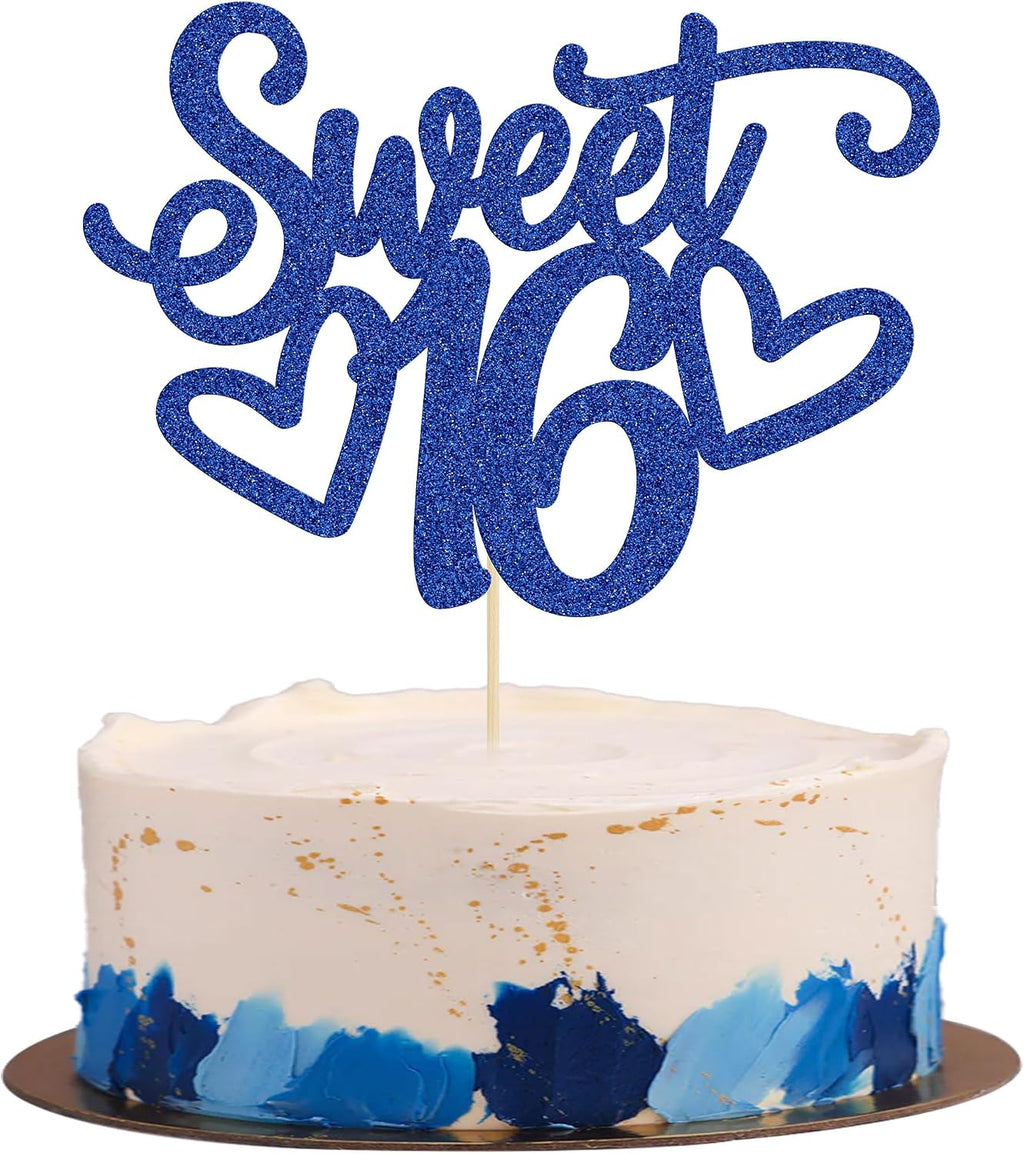 Gyufise 1Pc Sweet Teenager 16 Cake Topper Glitter 16th Birthday Cake Pick for Cheers to 16 Years Old 16th Birthday Party Cake Decorations Supplies Blue