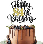 Happy 84th Birthday Cake Topper, Black Gold Glitter Birthday Cake Topper, 84th Anniversary/ 84th Birthday Party Decoration Supplies