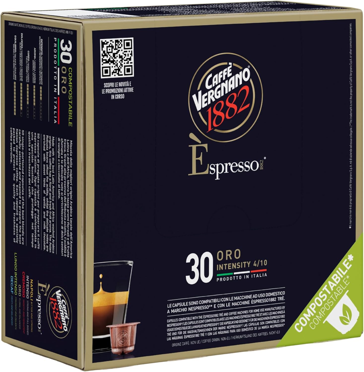 Caffe Vergnano 1882 Medium Roast Espresso Original Line Machine Compatible Capsules, Single-Serve Arabica Robusta Espresso, Italian Coffee For Nespresso Coffee Machines, Intensity 4/10, Oro, 30 Ct