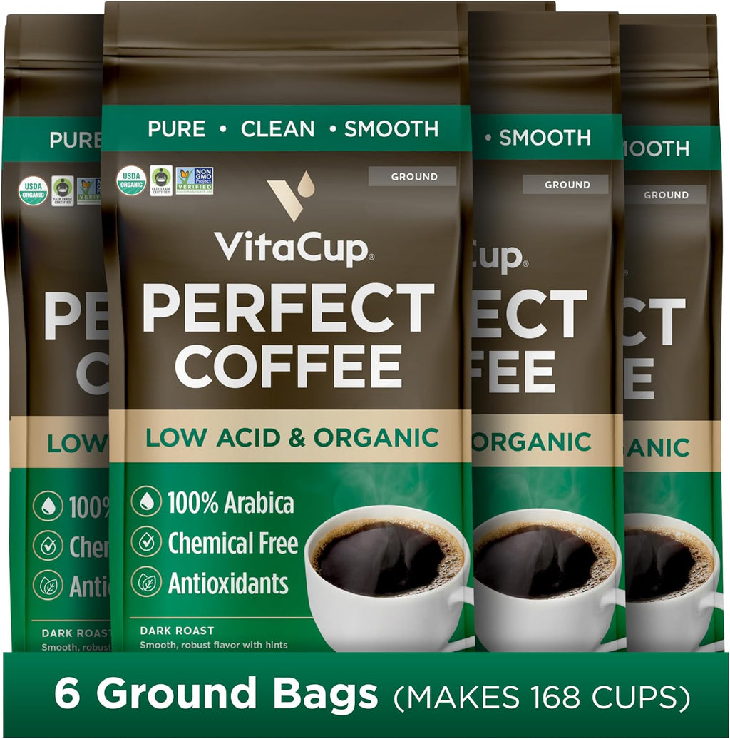 VitaCup Perfect Low Acid Coffee Ground, USDA Organic & Fair Trade, Dark Roast Guatemala Single Origin, Clean & Pure for Drip Coffee Brewers and French Press, 6 bags, 11oz each