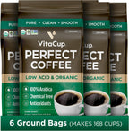 VitaCup Perfect Low Acid Coffee Ground, USDA Organic & Fair Trade, Dark Roast Guatemala Single Origin, Clean & Pure for Drip Coffee Brewers and French Press, 6 bags, 11oz each