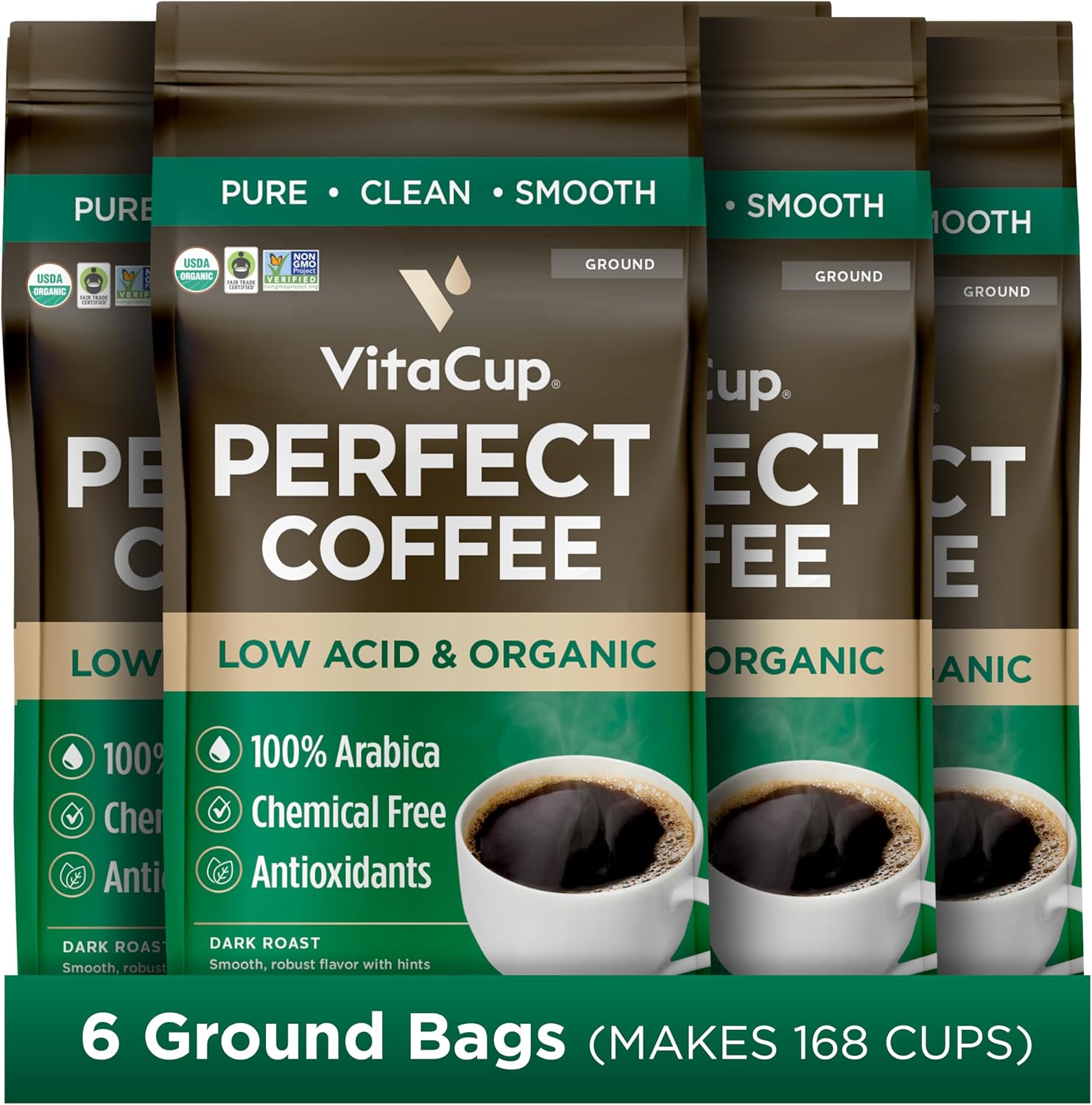 VitaCup Perfect Low Acid Coffee Ground, USDA Organic & Fair Trade, Dark Roast Guatemala Single Origin, Clean & Pure for Drip Coffee Brewers and French Press, 6 bags, 11oz each