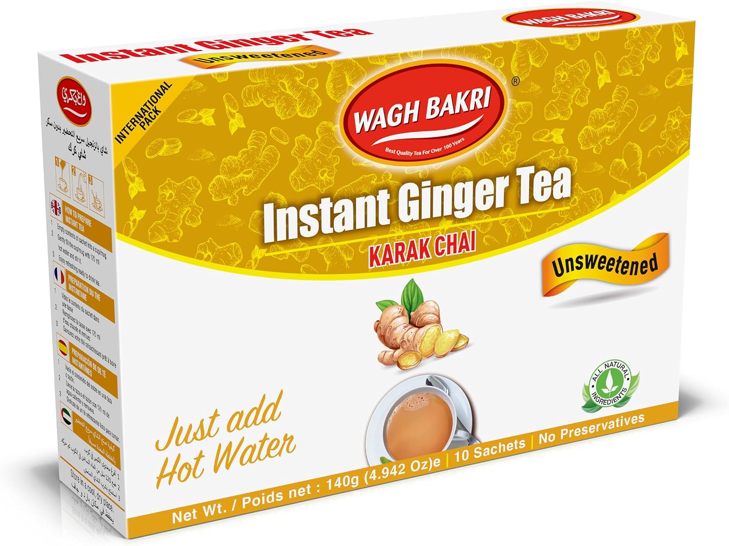 Wagh Bakri Instant Ginger Tea, Unsweetened, No Added Sugar, 140grams, 10 Sachets [International Pack]