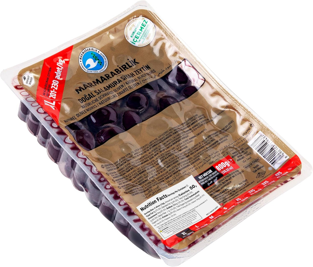 Marmarabirlik Black Olives, Olive Brine, Mediterranean Pickled Olives, Natural & Ripe Food, Healthy Snacks, Individual Packs, Fresh, Vegan, Halal, Kosher, Large, 28.2 Oz (800g)