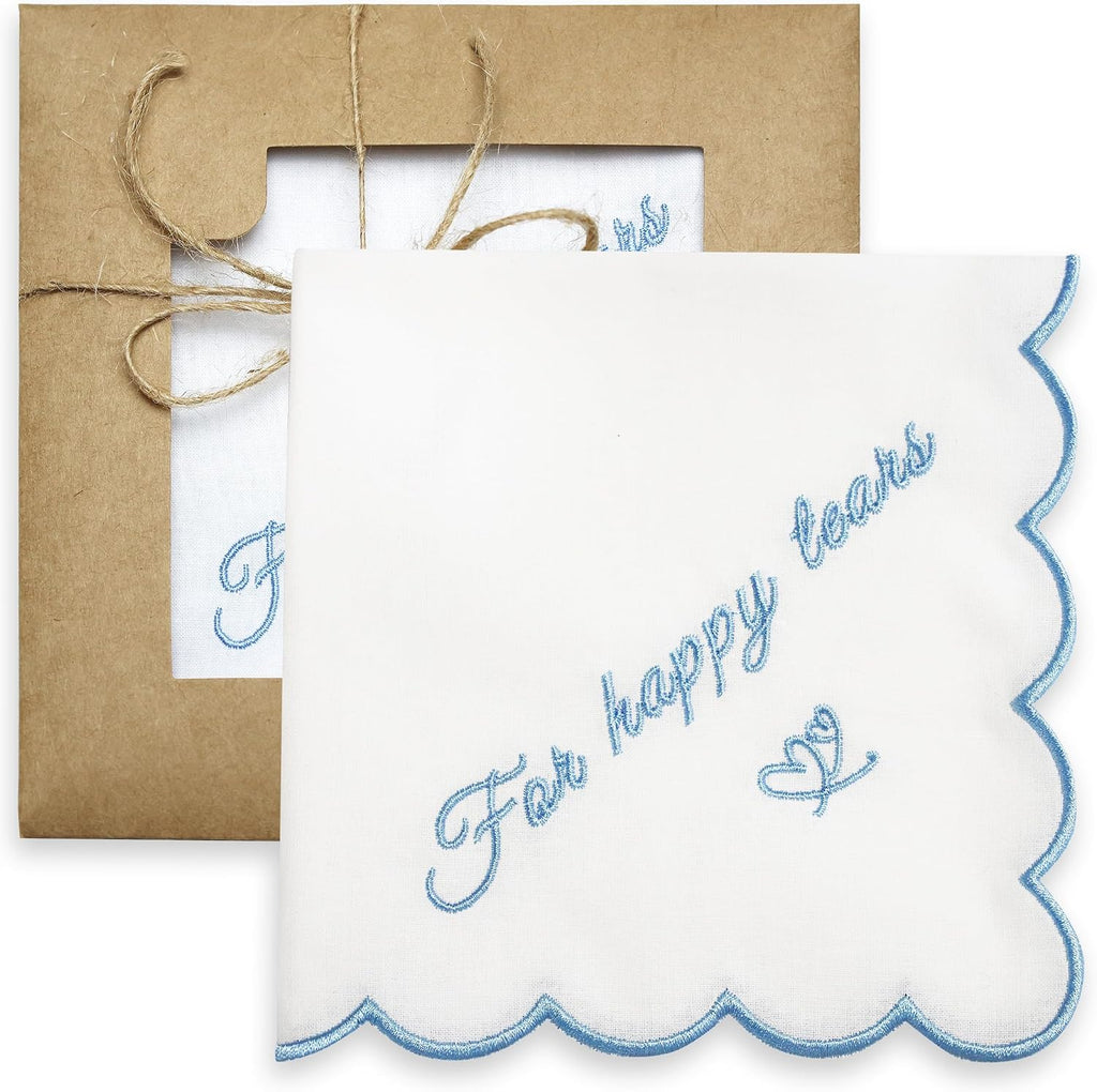Embroidered Cotton White Handkerchief Hankie with Scalloped Edges Soft 11" x 11" Blue Wedding Gift for Bride