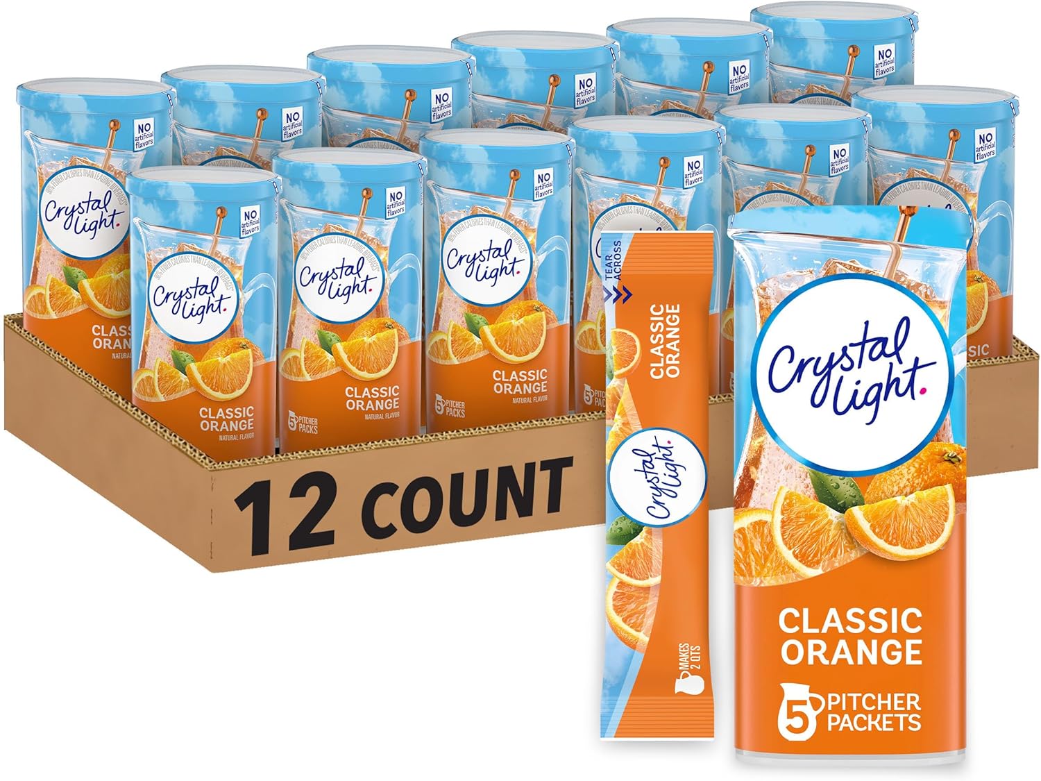Crystal Light Classic Orange Naturally Flavored Powdered Drink Mix, 60 ct Pack, 12 Canisters of 5 Pitcher Packets