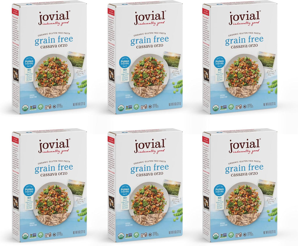 Jovial Grain-Free Cassava Orzo - Gluten Free Orzo Pasta, Cassava Pasta, Paleo Pasta, Grain-Free, 100% Organic Pasta, USDA Certified Organic, Non-GMO, High-Fiber - 8 Oz, 6 Pack