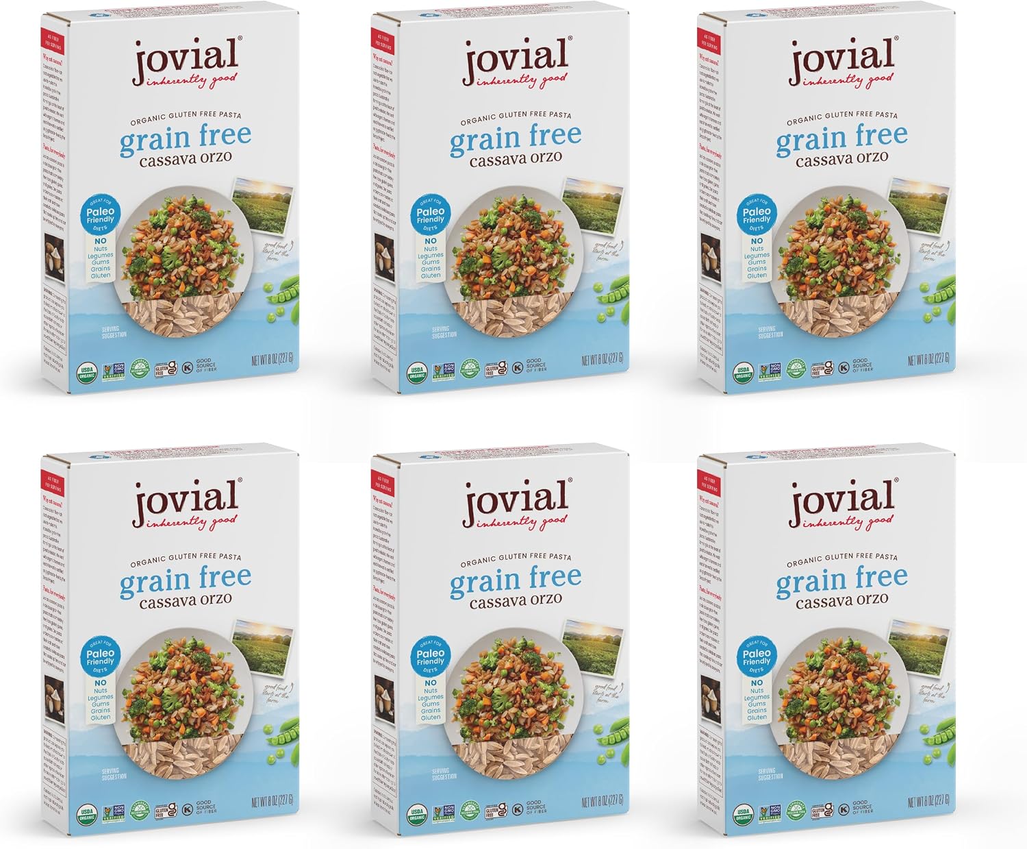 Jovial Grain-Free Cassava Orzo - Gluten Free Orzo Pasta, Cassava Pasta, Paleo Pasta, Grain-Free, 100% Organic Pasta, USDA Certified Organic, Non-GMO, High-Fiber - 8 Oz, 6 Pack