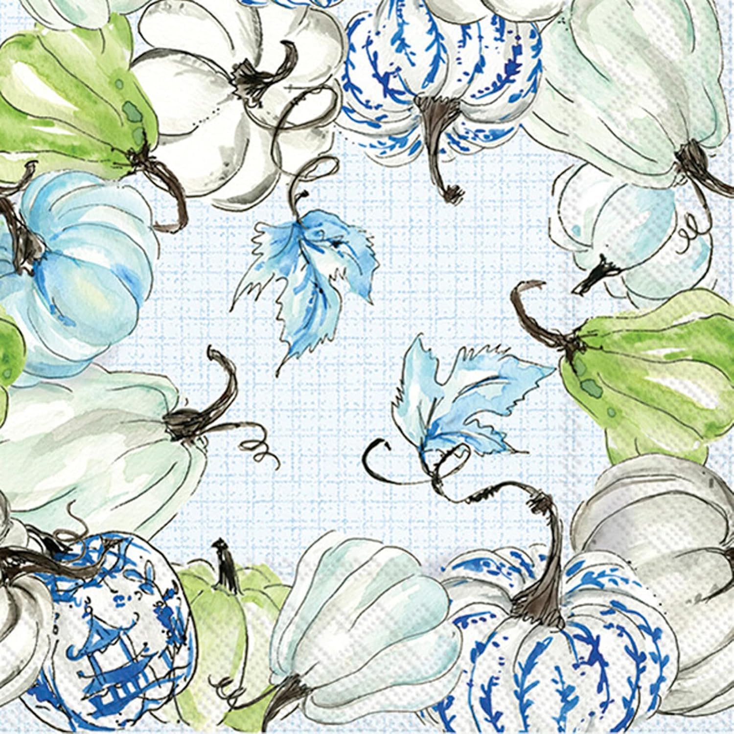 IHR Ideal Home Range Party Napkins Disposable 3-Ply Paper Lunch Napkin Pack, 6.5" x 6.5", Chinoiserie Stacked Pumpkins, 20-Count