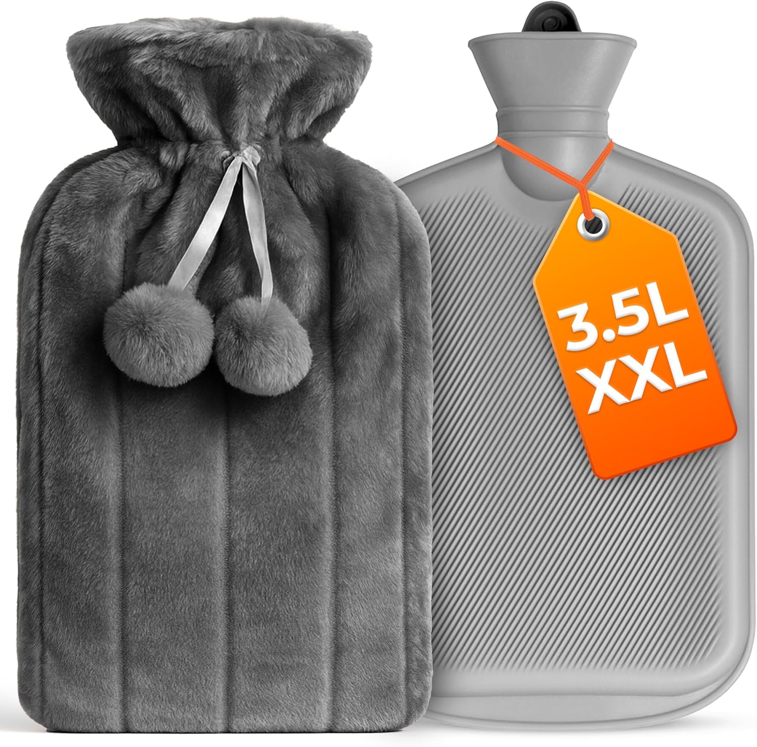 Hot Water Bottle with Cover XXX Large - 3.5L Grey Hot Water Bag for Pain Relief - 118Fl Oz Extra Large Washable Soft Faux Fur, Big Hot Water Pack for Sore Muscles, Period Cramps, Hot and Cold Compress