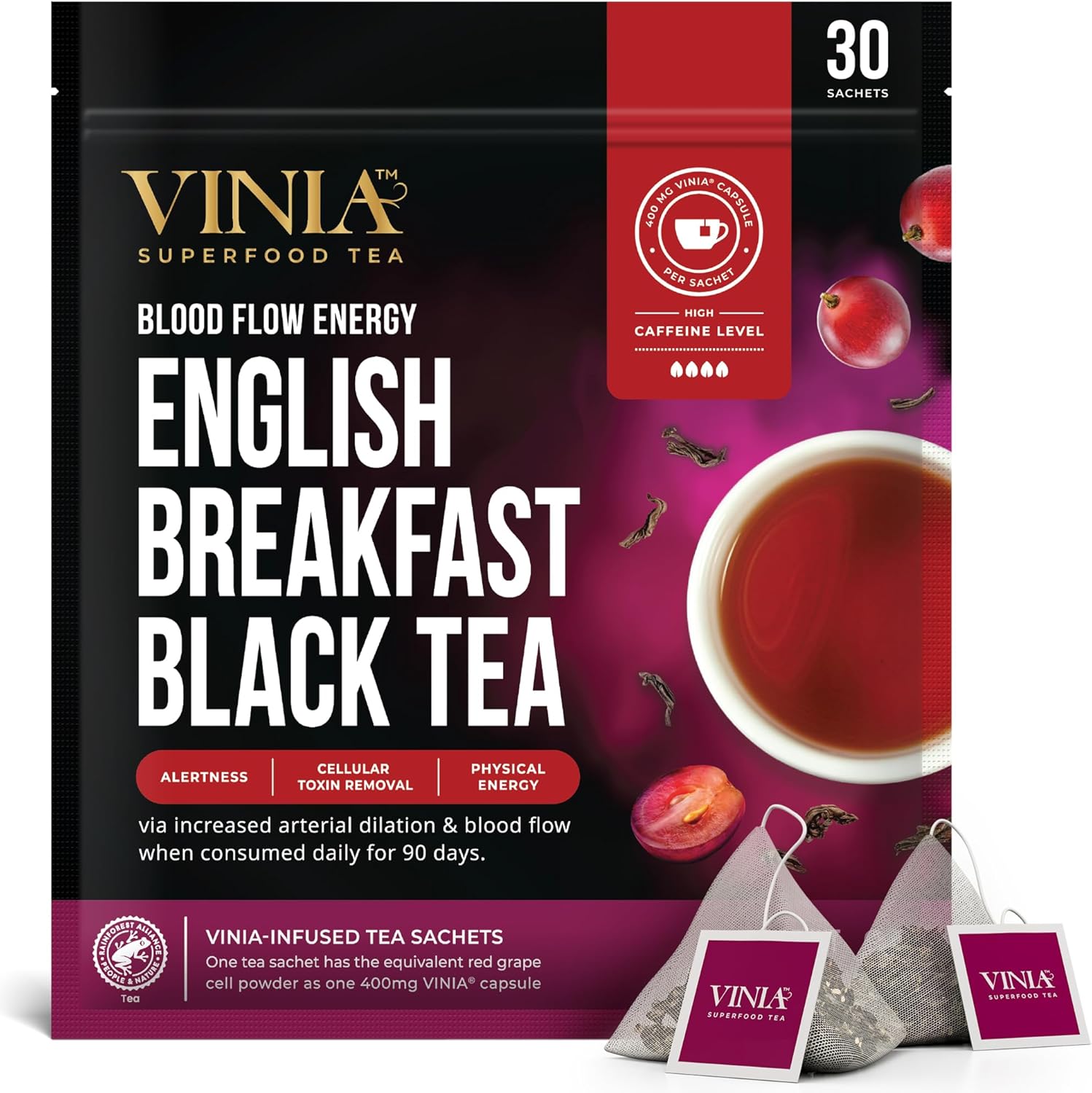 VINIA English Breakfast Black Tea Bags, Made with Organic Tea, Infused with Piceid Resveratrol for Heart Health, Nitric Oxide, Physical Energy, Alertness, Blood Flow, Keto, Kosher, NON-GMO. 30 Ct