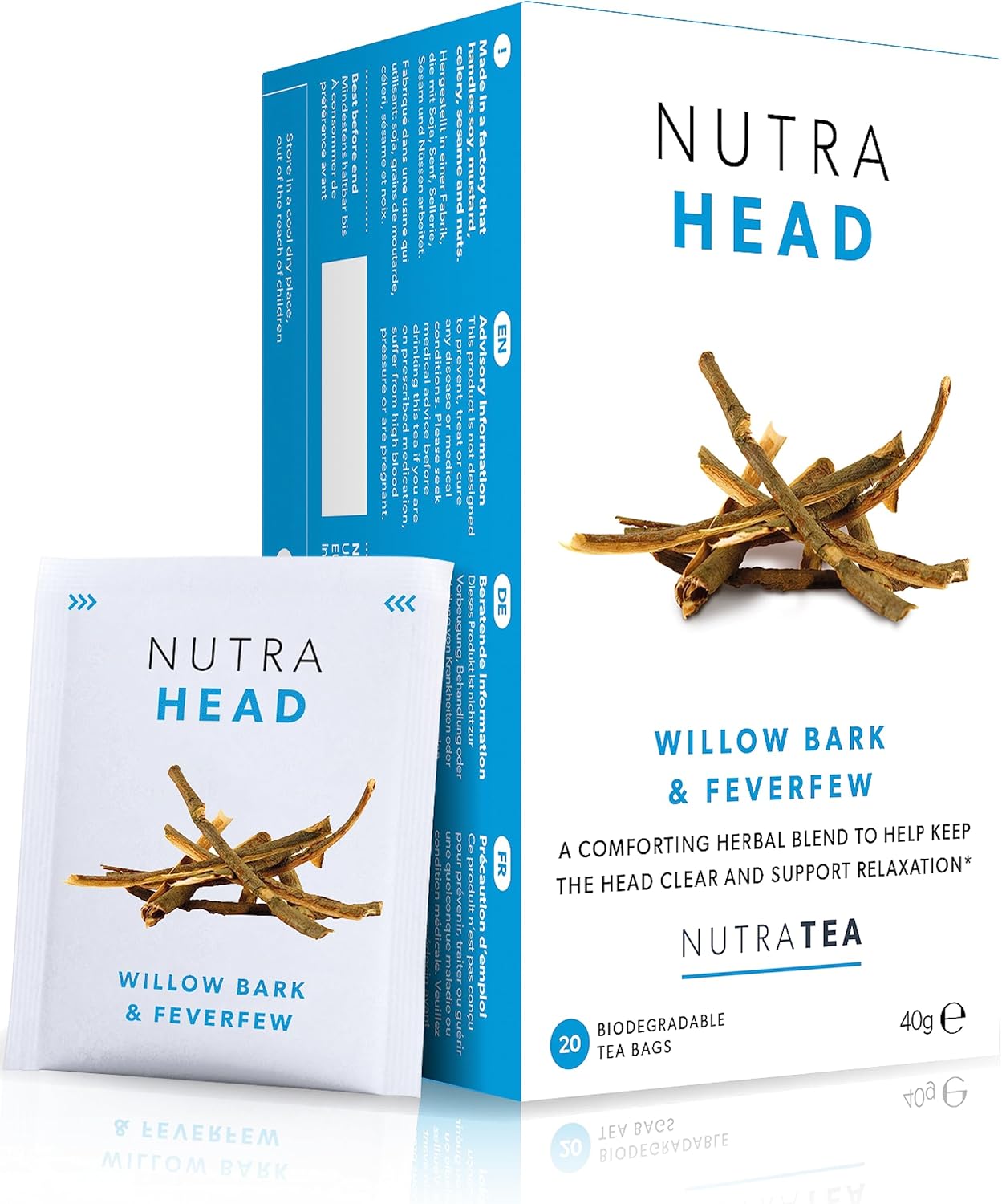Nutra Tea NUTRAHEAD - Willow Bark Tea | Feverfew Tea - A Soothing Herbal Infusion with Lavender, Feverfew, Willow Bark & Rhodiola - 120 Individually Wrapped Bags Herbal Teas - (6 Pack)