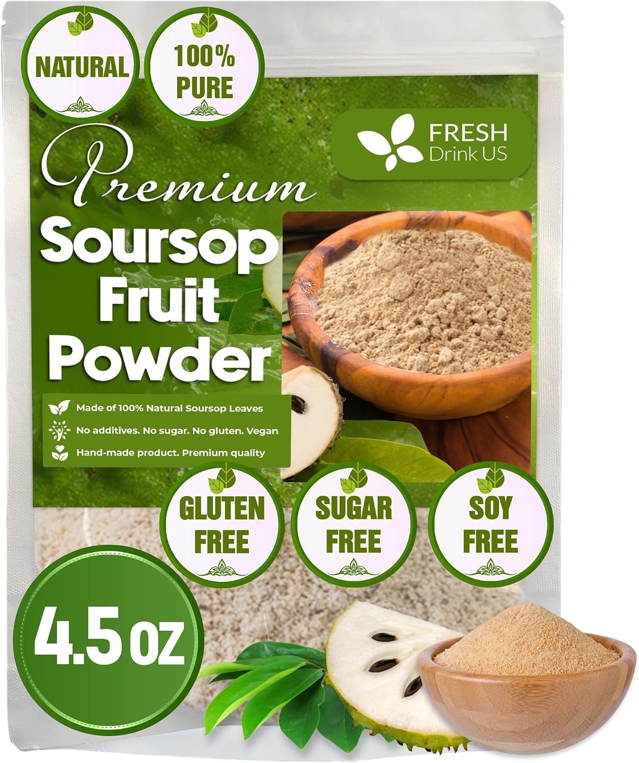 FRESHDRINKUS Premium 4.5oz Soursop Graviola Fruit Powder, Pure, Guanabana Tea, Soursop Fruit Herbal Tea, No Sugar, No Caffeine, No Gluten, Vegan.