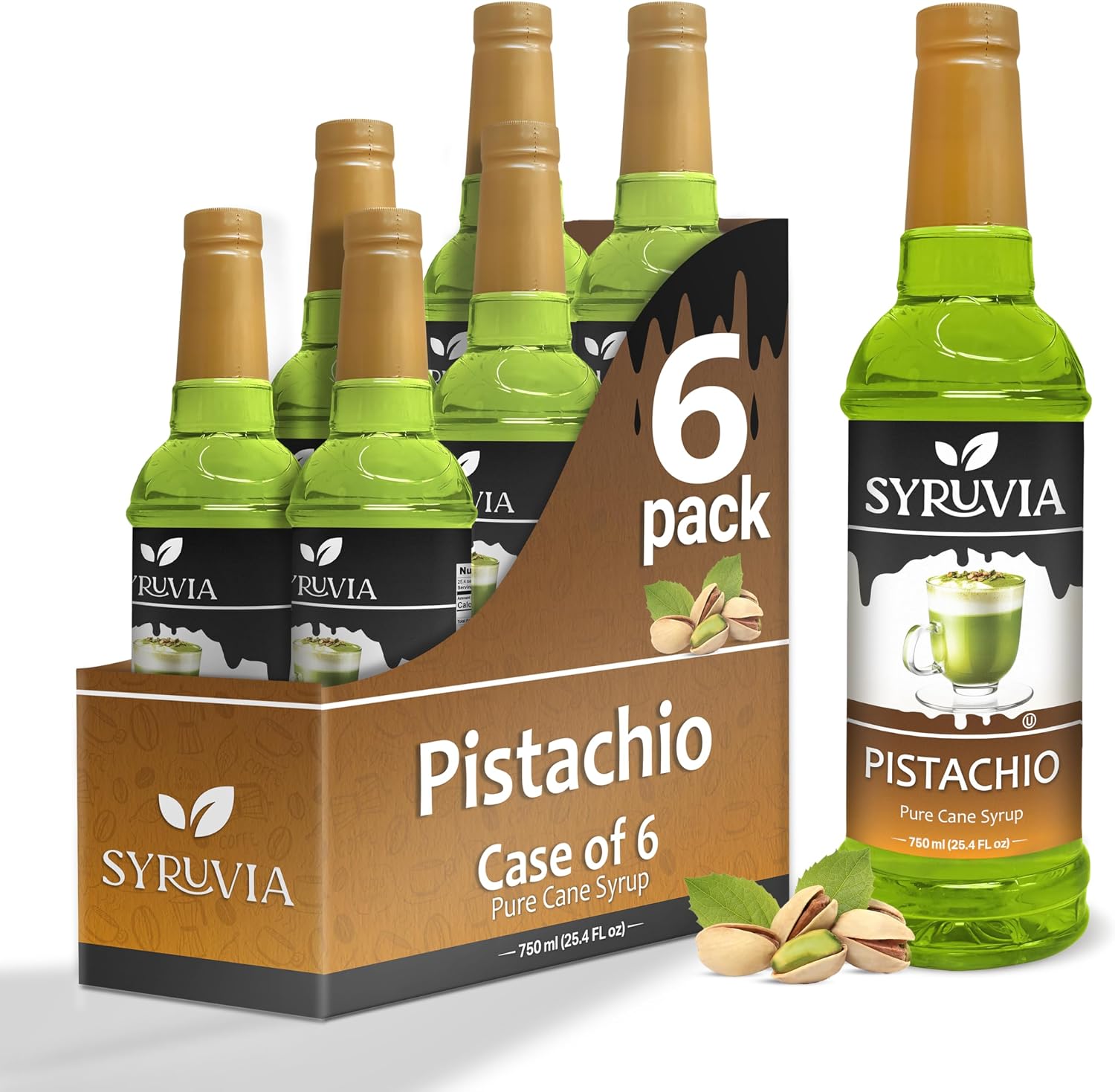 Pistachio Syrup by Syruvia 6-Pack, 25.4 fl oz, Wholesale Coffee Syrup Shops, Cafes, Baristas, Bistros, & Beverage Bars, Bulk Kosher & Gluten-Free