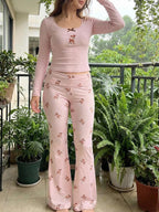 Women's Deer Embroidered Two-Piece Set - Lace Trim Long Sleeve Top & Flare Pants Outfit