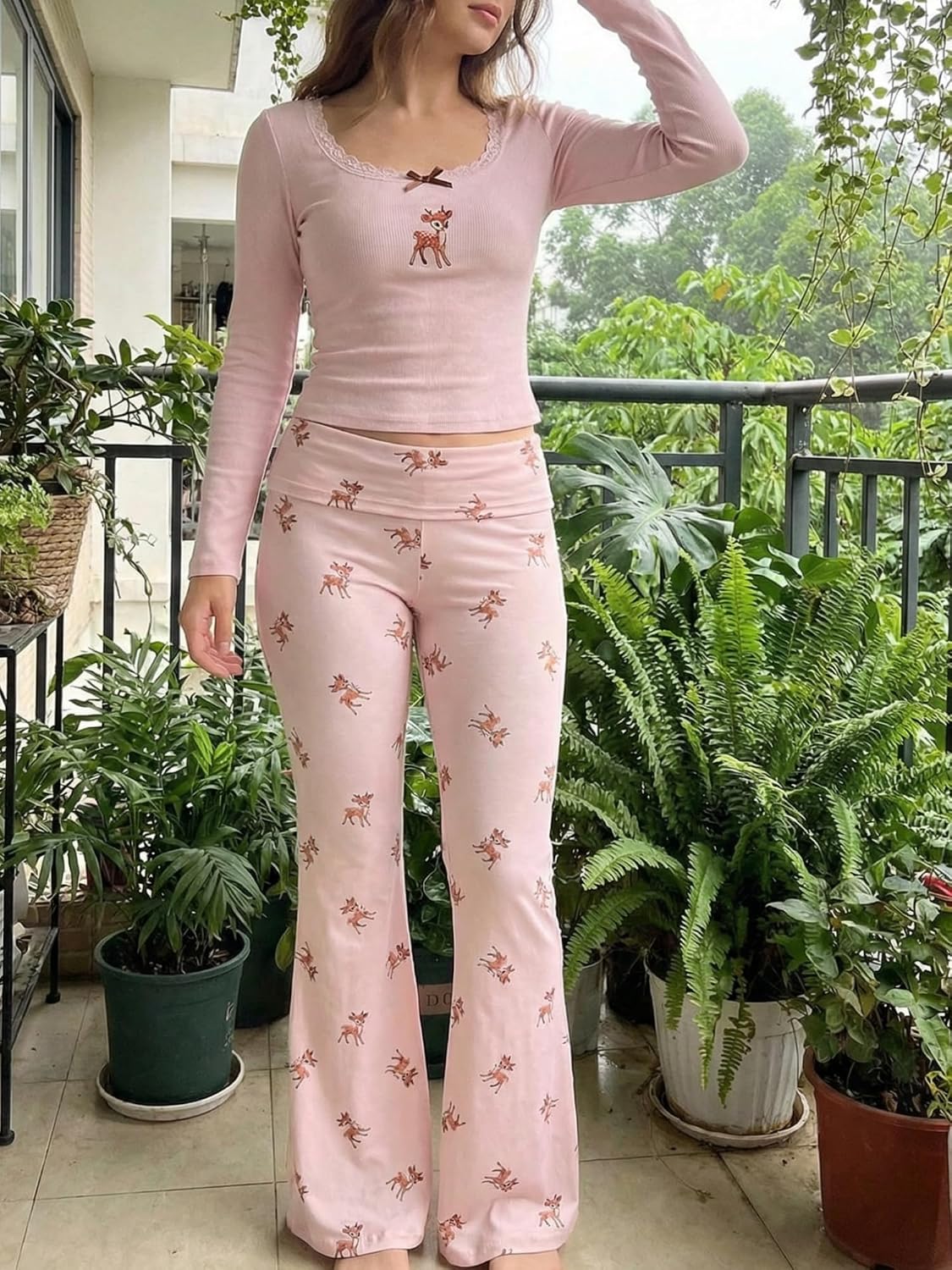 Women's Deer Embroidered Two-Piece Set - Lace Trim Long Sleeve Top & Flare Pants Outfit