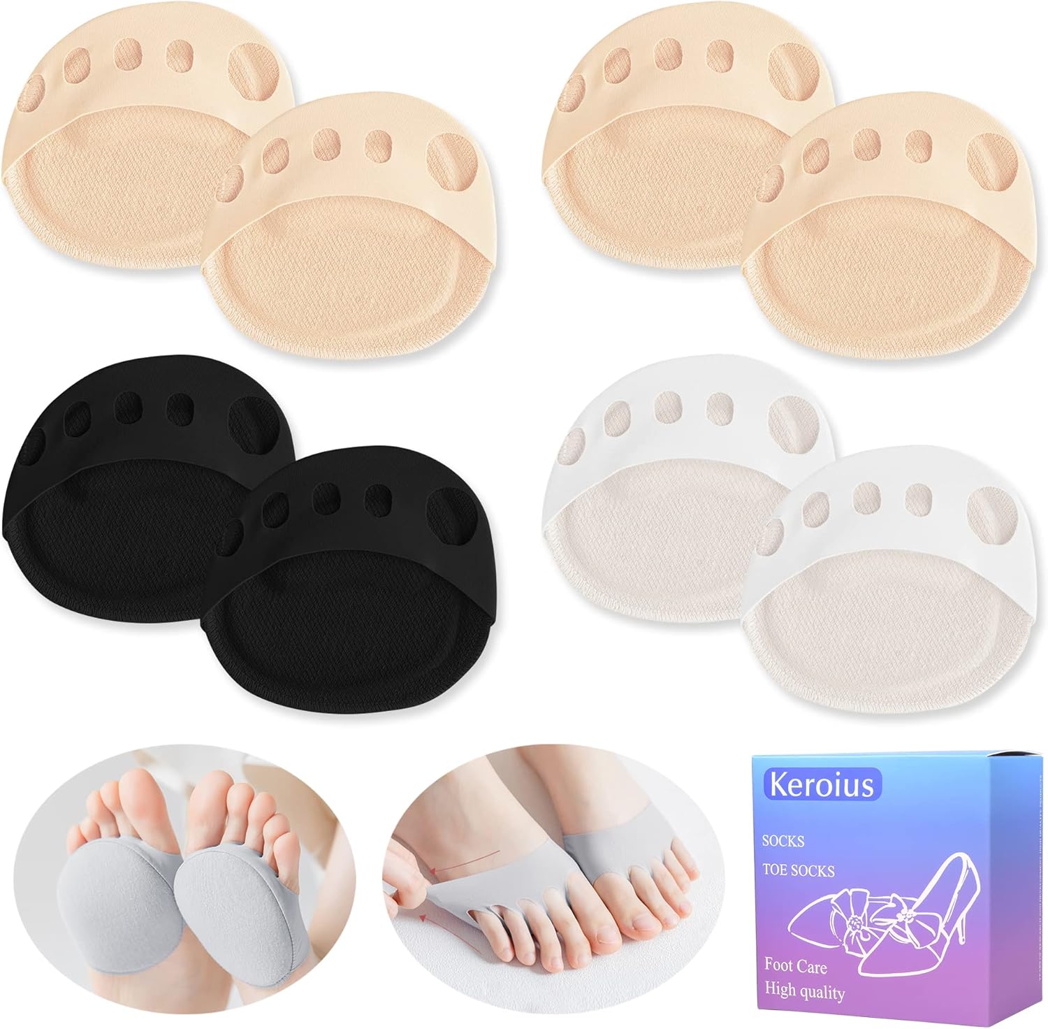 Ball of Foot Cushions Pad,4 Pairs Honeycomb Fabric Forefoot Pads for Metatarsal,No Show Women's Half Socks Pads Invisible Toe Topper Liner Socks Sponge Cushion (2 Beige/1 Black/1 White)