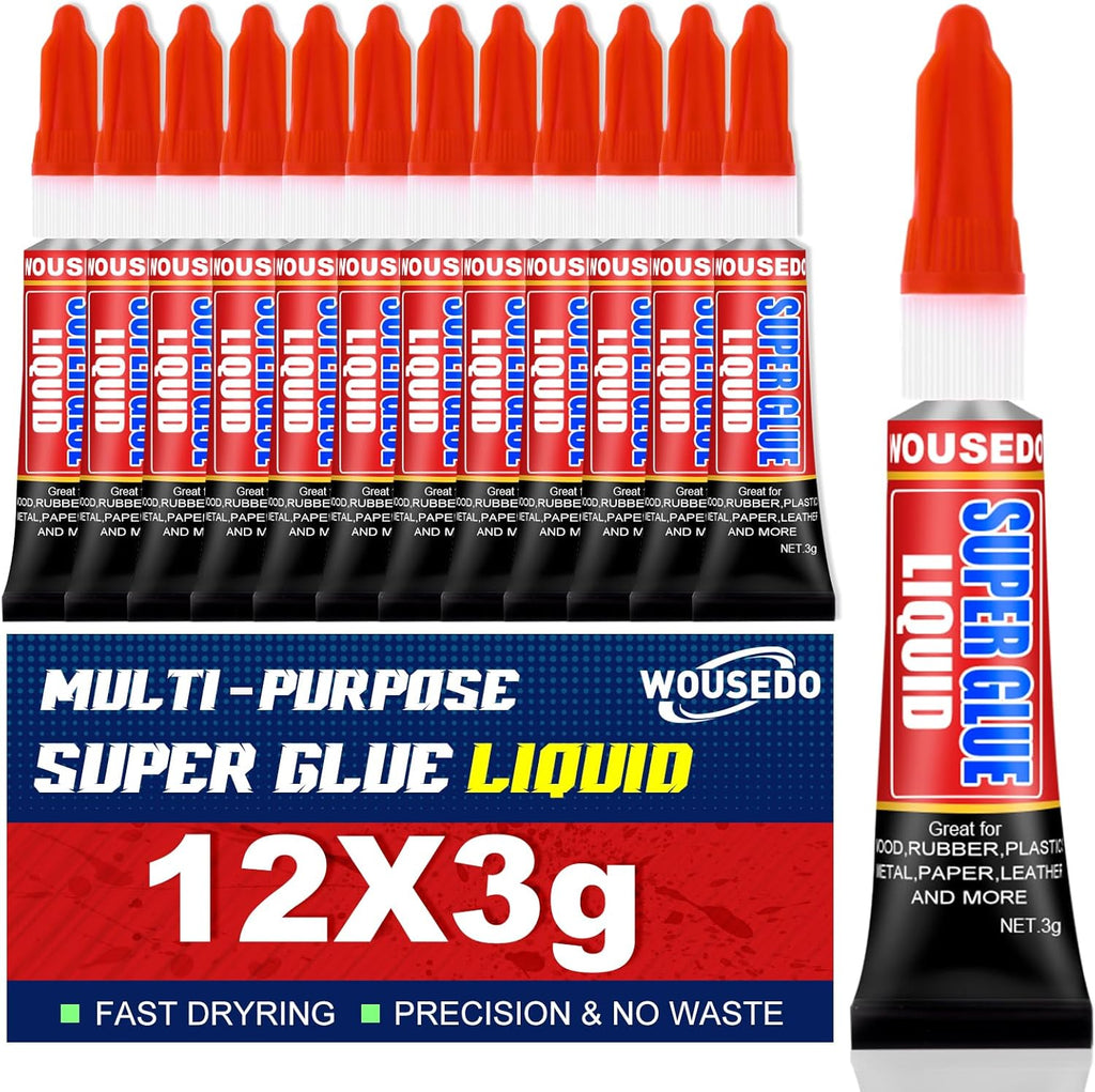 12 X 3g Super Glue Liquid, Clear Strong Adhesive,Fast Drying Cyanoacrylate Glue for Wood, Rubber, Leather, Plastic, Metal, DIY Crafts and More