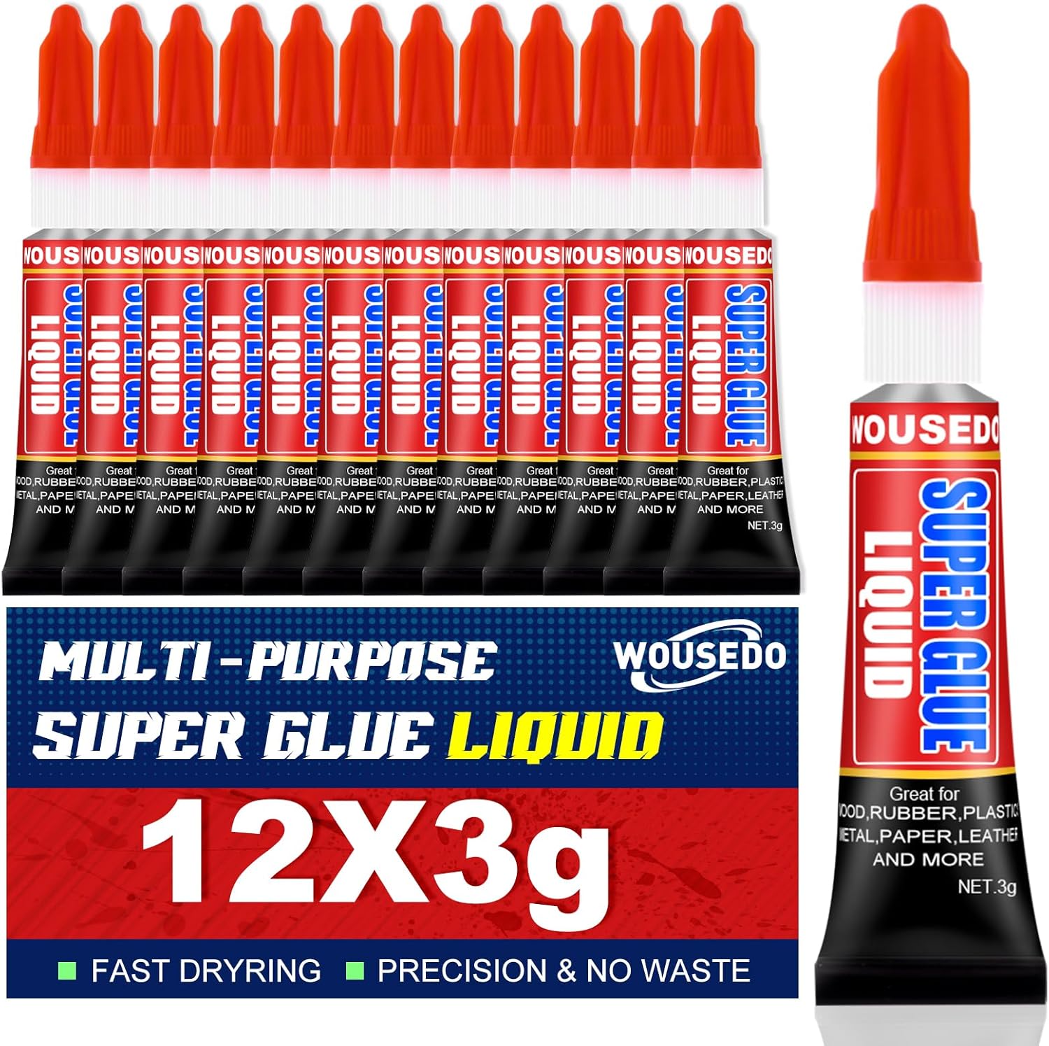 12 X 3g Super Glue Liquid, Clear Strong Adhesive,Fast Drying Cyanoacrylate Glue for Wood, Rubber, Leather, Plastic, Metal, DIY Crafts and More