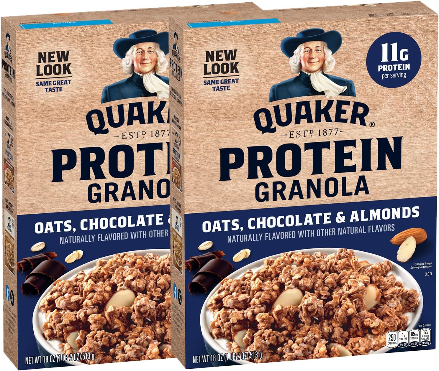 Quaker Protein Granola, Oats Chocolate, & Almonds, 18oz Boxes (2 Pack)