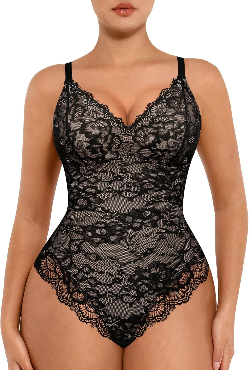 FeelinGirl Shapewear Bodysuits for Women Lace Shapewear Tummy Control V-Neck Sleeveless Bodysuit Tops Jumpsuit