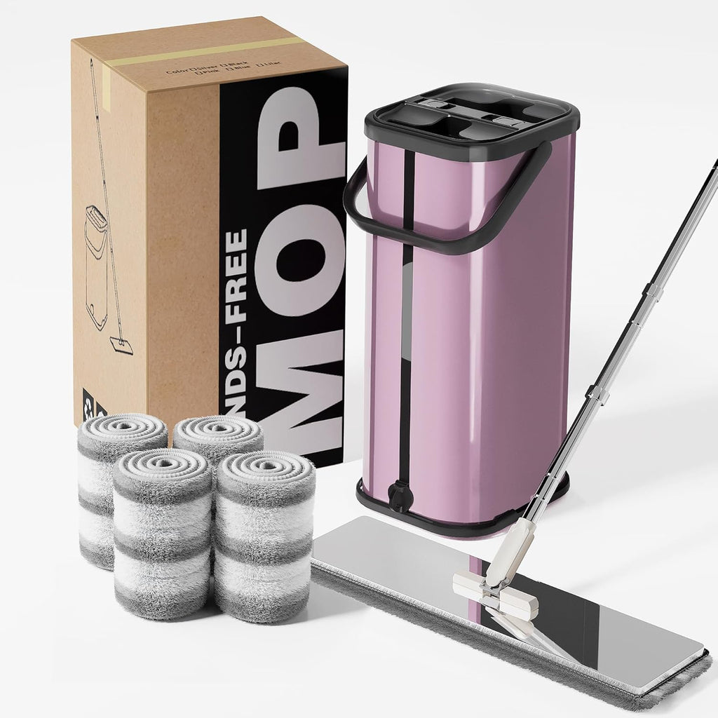 Flat Mop and Bucket for Home with Extra Refills, Stainless Steel Mop and Bucket with Wringer, Hands-Free Mop, Wet and Dry Use Mop with Long Handle (Purple)
