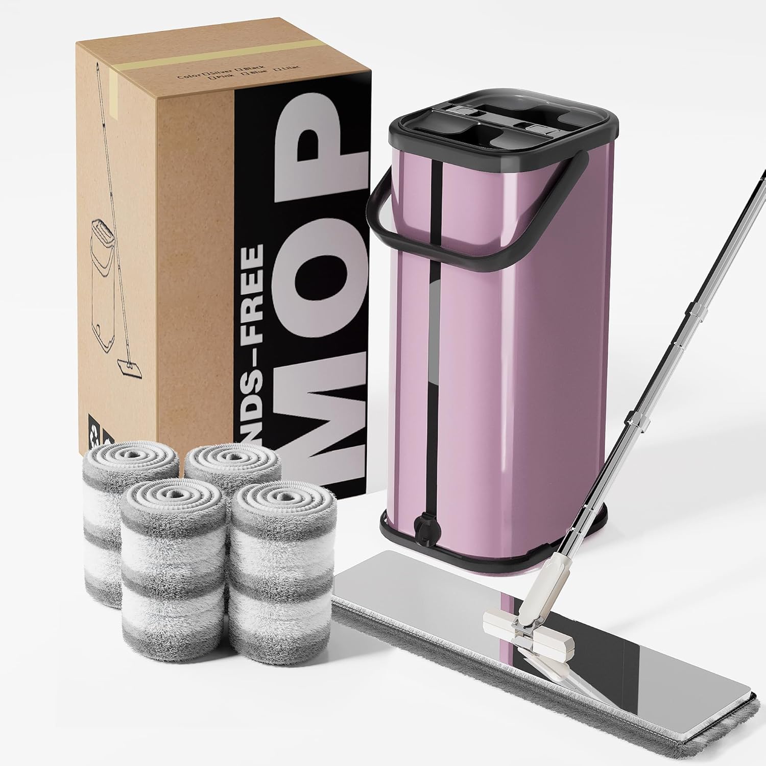 Flat Mop and Bucket for Home with Extra Refills, Stainless Steel Mop and Bucket with Wringer, Hands-Free Mop, Wet and Dry Use Mop with Long Handle (Purple)