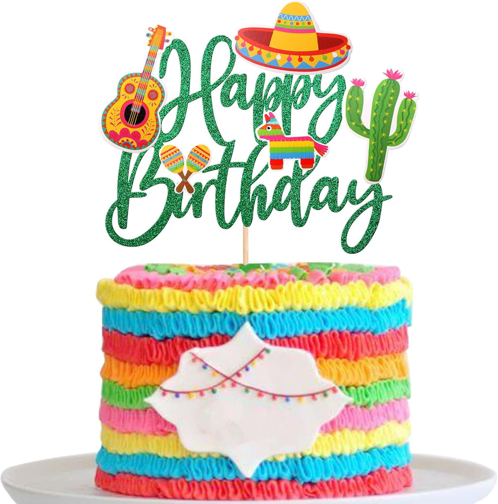 1 PCS Mexican Fiesta Happy Birthday Cake Topper Glitter Cactus Donkey Maraca Sombrero Guitar Cake Pick for Mexican Fiesta Theme Baby Shower Birthday Party Cake Decorations Supplies