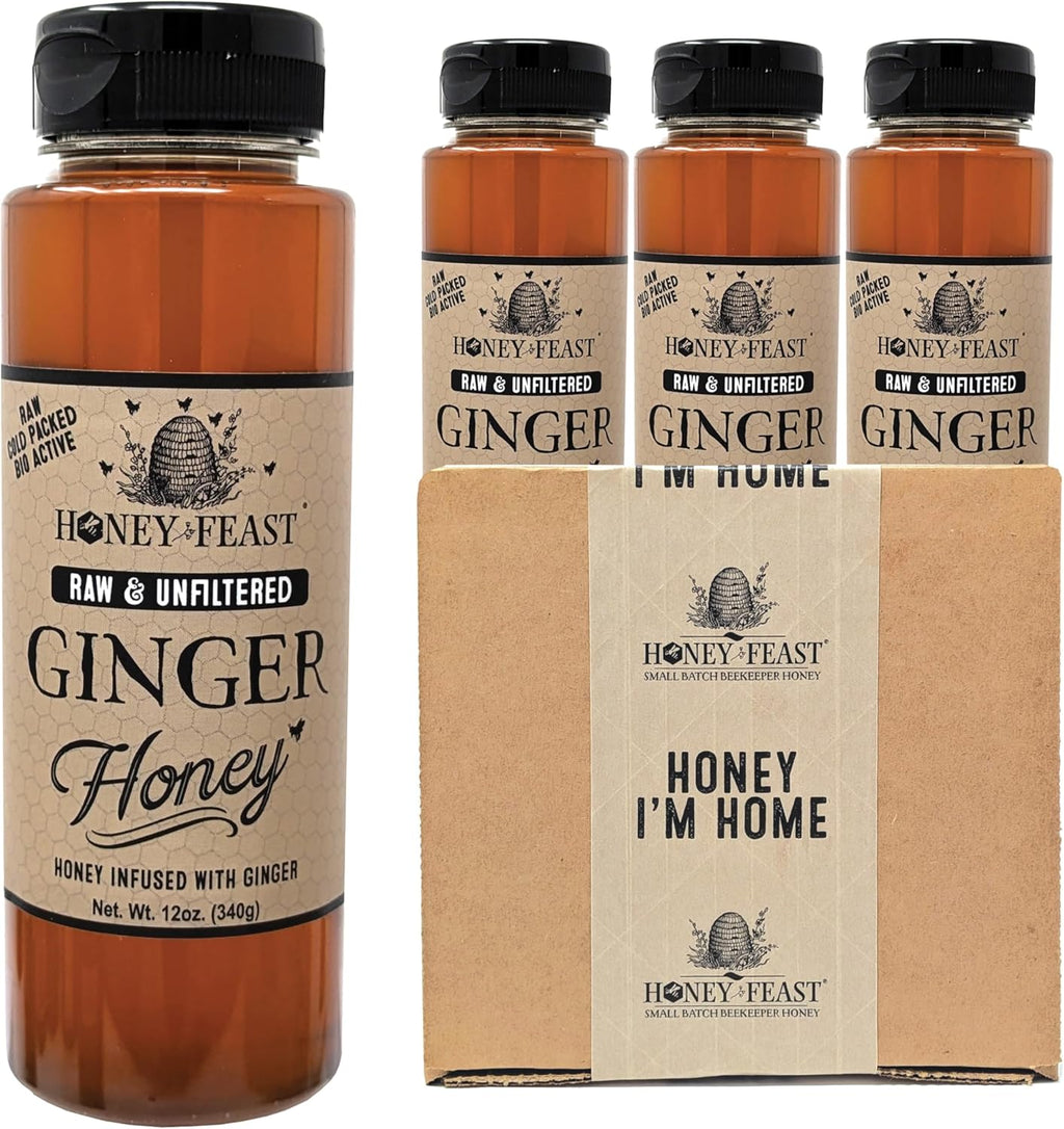 HONEY FEAST Ginger Honey 12OZ (Pack of 3) - Pure Ginger Root Enhanced Raw Honey