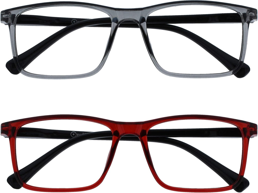 OPULIZE INK Reading Glasses - Value 2 Pack - Large Rectangular Frame - Spring Hinges - Scratch Resistant - Grey Red - Mens Womens +2.50