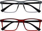 OPULIZE INK Reading Glasses - Value 2 Pack - Large Rectangular Frame - Spring Hinges - Scratch Resistant - Grey Red - Mens Womens +2.00