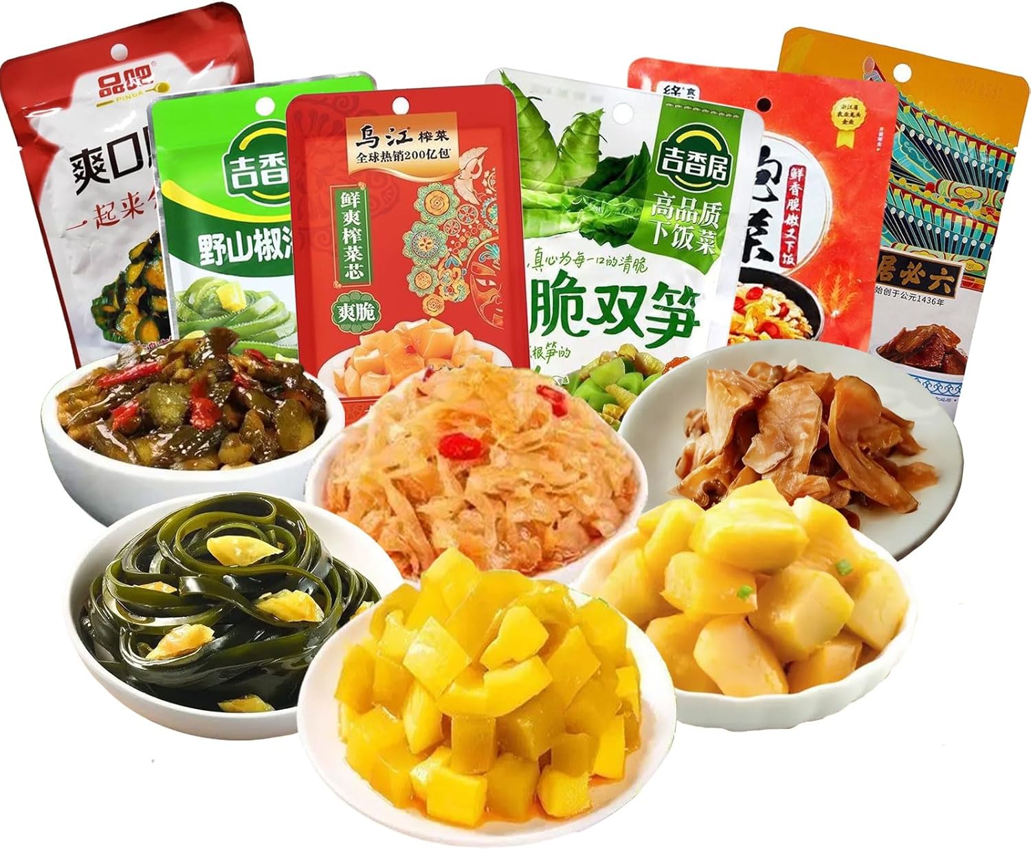 Zhacai Pickled（575g/20.3oz,6Packs/Bag) Si Chuan Zha Cai For Sushi Chinese Pickles Variety Set Asparagus Lettuce & Bamboo Shoots Kelp Shreds Ginger Slices Cucumber Kimchi Preserved Mustard Stem