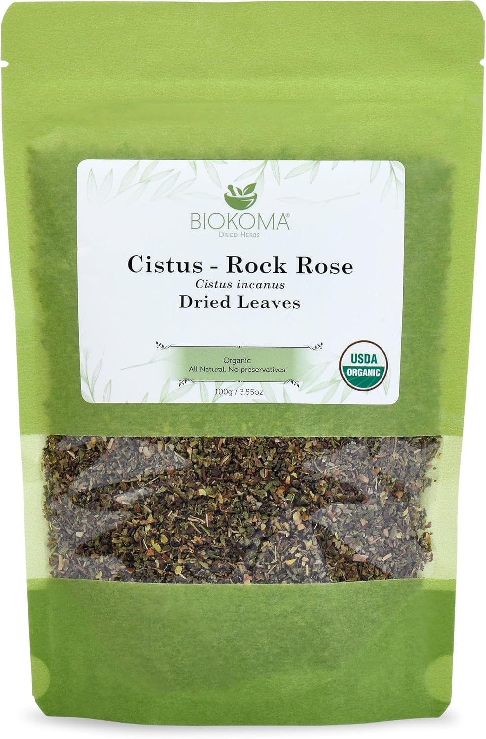 Biokoma Organic Cistus Rock Rose Loose Leaf 3.55oz Cistus Incanus Dried Leaves USDA Organic Herbal Tea Immune Respiratory Support Resealable Pouch Caffeine-Free Pure No Preservatives Non GMO Kosher