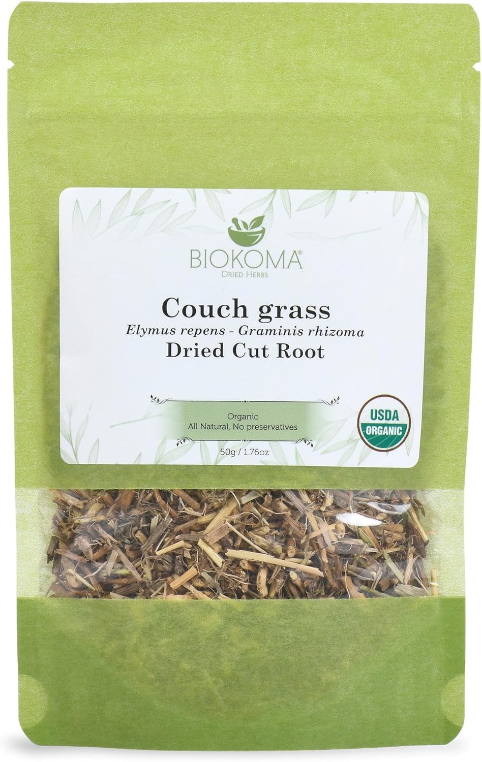 Biokoma Organic Couch Grass Dried Cut Root 1.76oz USDA Organic Herbal Tea Elymus Repens Rhizome Loose Herb Urinary Kidney Bladder Support Resealable Pouch No Additives No Preservatives Non GMO Kosher