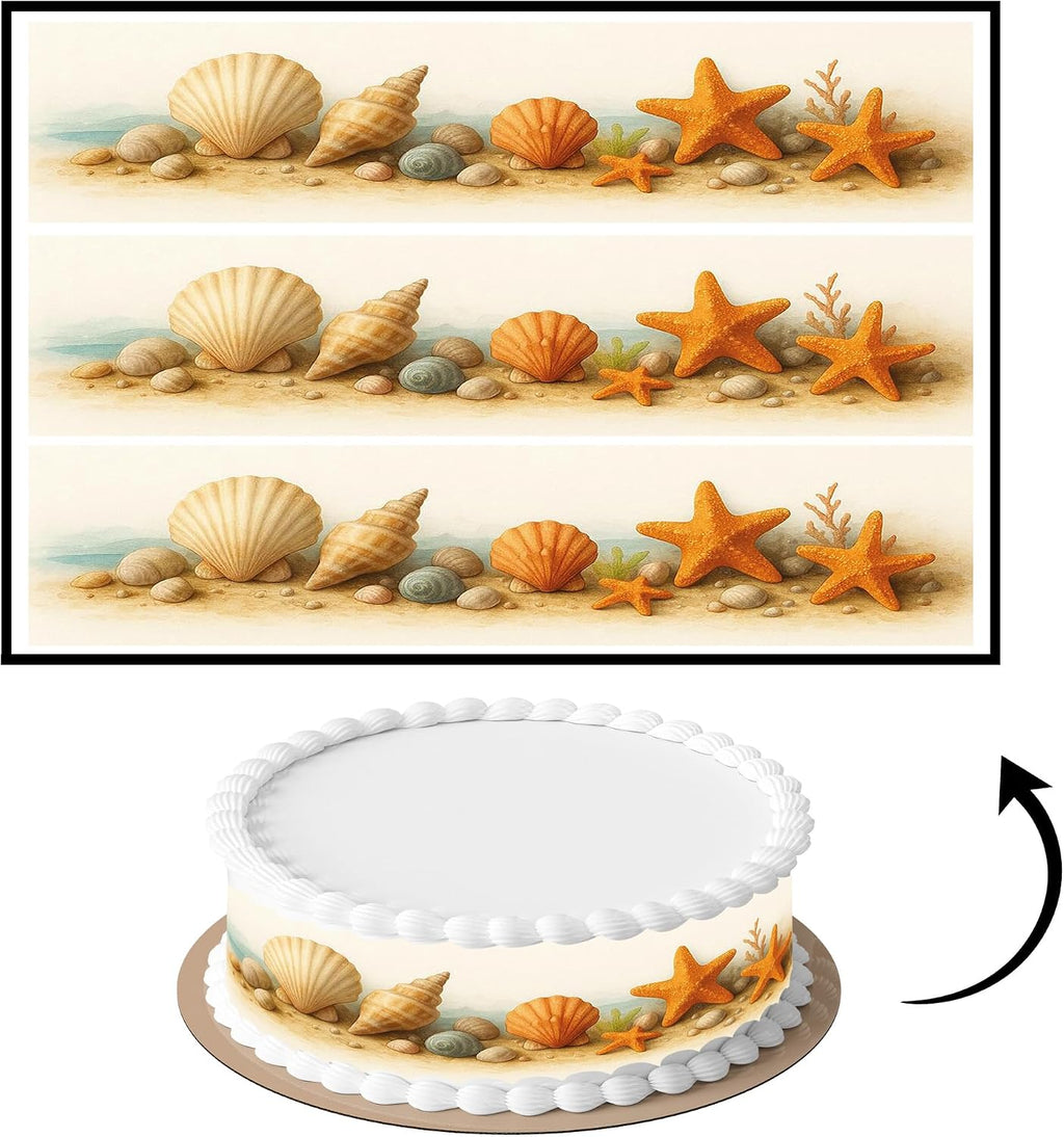 3 pcs Seashell Ocean Cake Strips Edible birthday cake strips, cake side borders, Icing Sheets 2.7X11.8