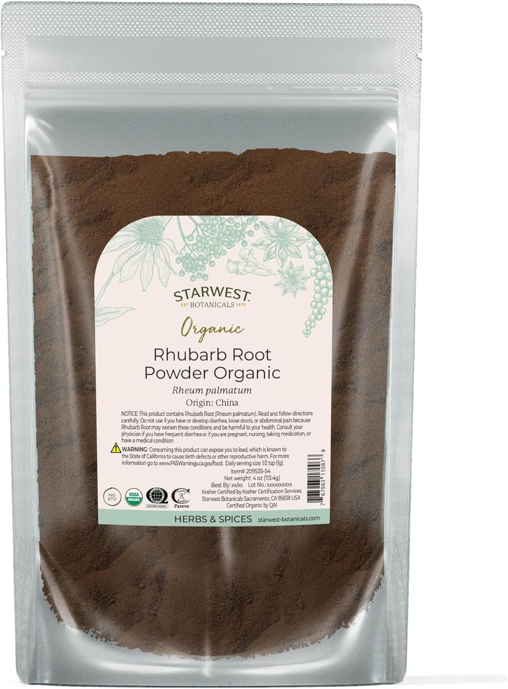 Starwest Botanicals Rhubarb Root Powder Organic - Dried Herb for Tea, Baking, & Herbal Blends, Pure Rheum Palmatum, Certified Kosher, Non-GMO - 4 oz Pouch