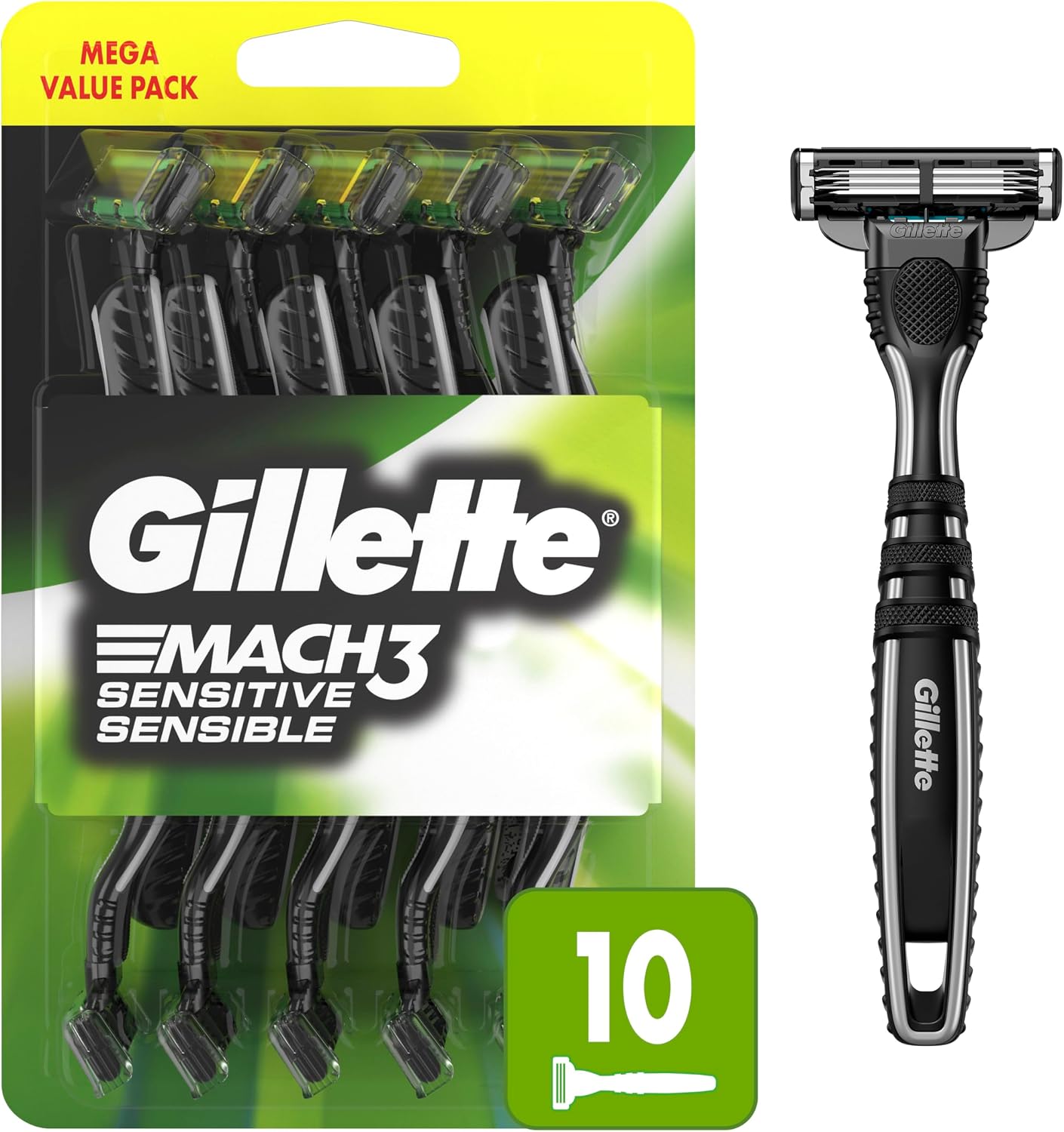 Gillette Mach3 Sensitive Razors for Men, Men’s Disposable Razors, Pivoting Head for Close and Comfortable Shave, 10 Count