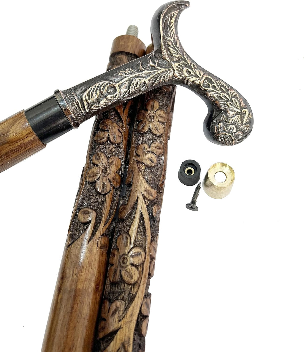 “Elegant Wooden Walking Stick with Handcrafted Floral Brass Handle – Stylish Men’s & Women’s Cane for Walking Support, Gifts & Everyday Use”