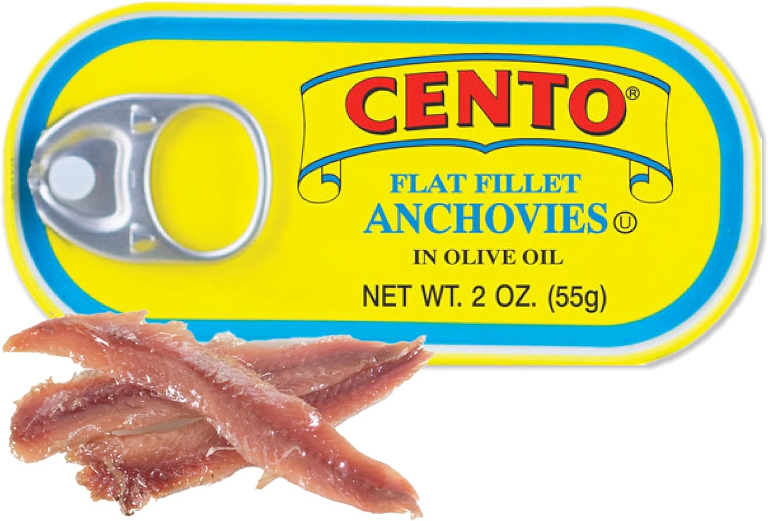 Cento Flat Fillet Anchovies in Olive Oil, 2 Oz, Firm, Skinless, Boneless, Canned Moroccan Anchovy Fillets for Salad, Pizza, Pasta, Easy to Open Pull Top Lid - Non-GMO, BPA Free, Gluten-Free