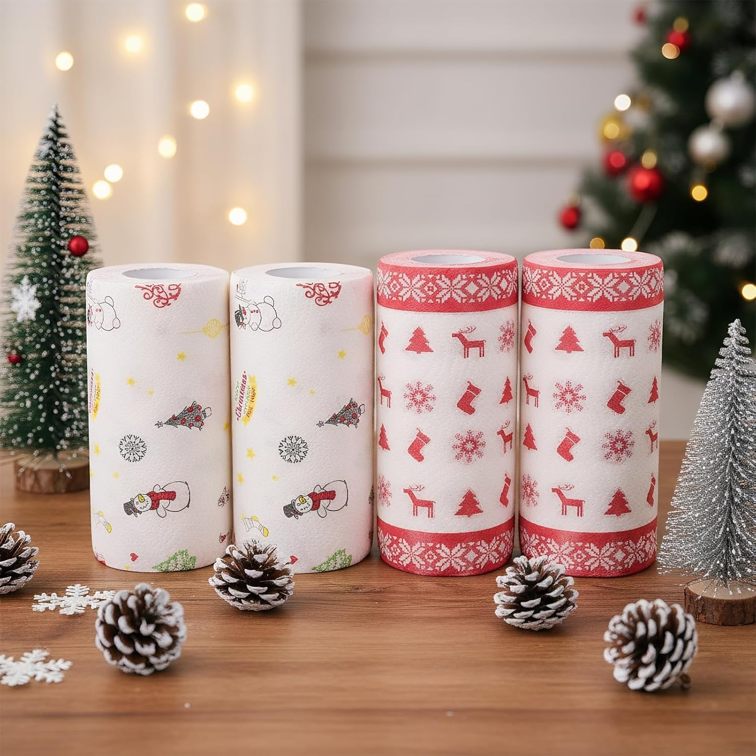 Hemoton Christmas Kitchen Paper Towels: 4 Rolls of Disposable Cleaning Towels Xmas Kitchen Tissue Highly Absorbent Hand Fried Food Paper for Resturant